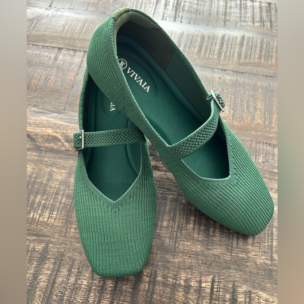 Vivaia Green Margot Square Toe Maryjane Knit Flat EU 41 Size 9.5 Mary Jane Shoe